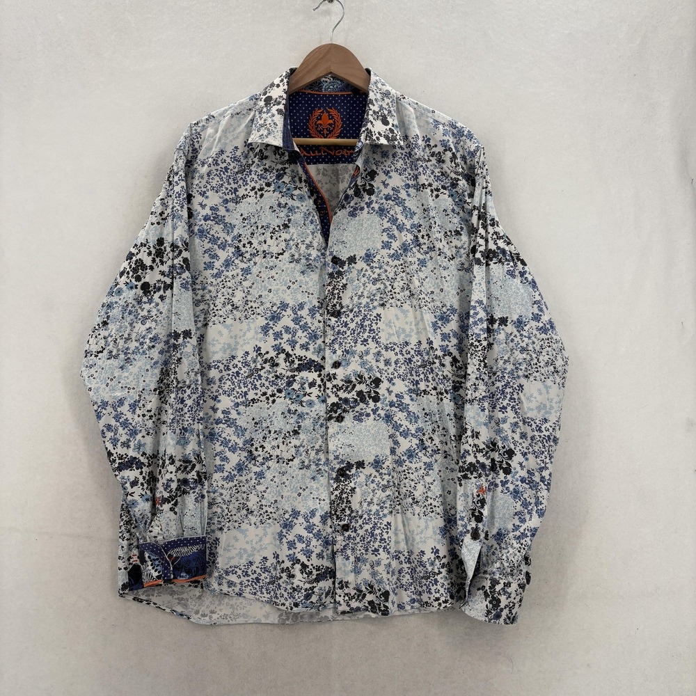 Au Noir Shirt Mens 5 XL Blue Floral Long Sleeve Stretch Button Up Dress Casual